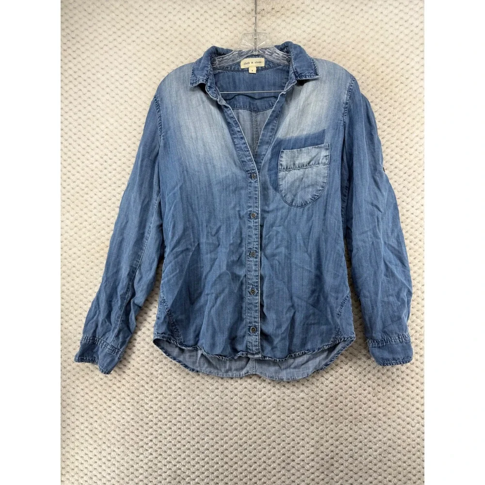 Cloth & Stone Button Down Shirt Women Small Blue Tencel Roll Tab Sleeve Chambray - Picture 2 of 8